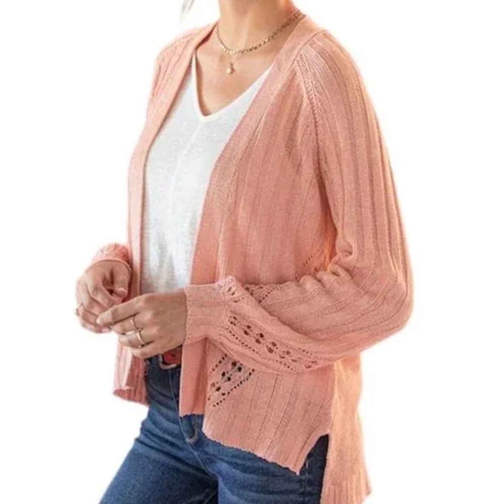 Sundance Women's Coral Pink Linen Blend Pointelle Angel Wing Cardigan Med